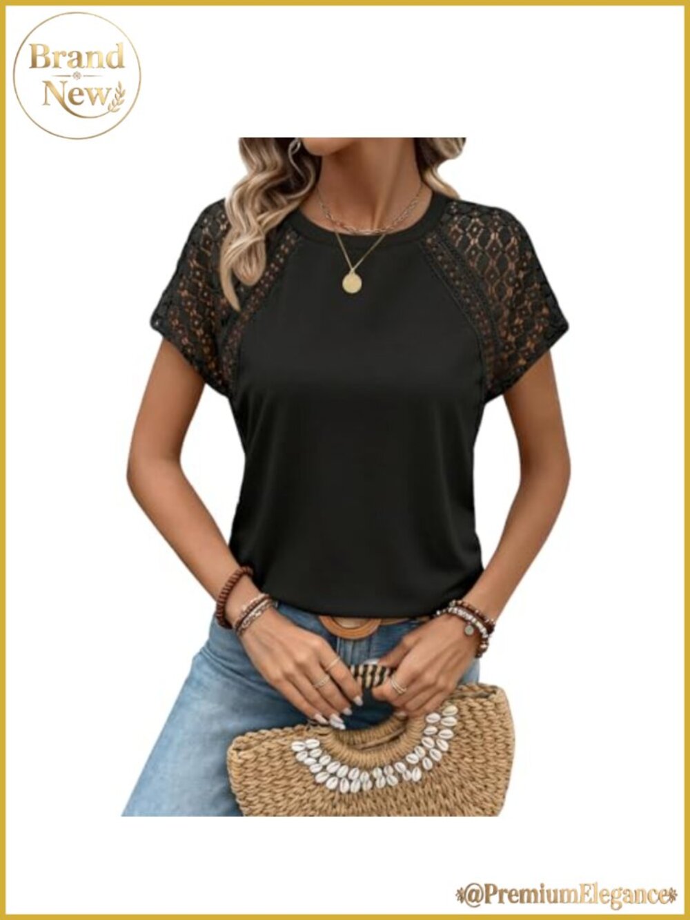 Womens Lace Short Sleeve Crew Neck T-Shirt Casual Summer Top